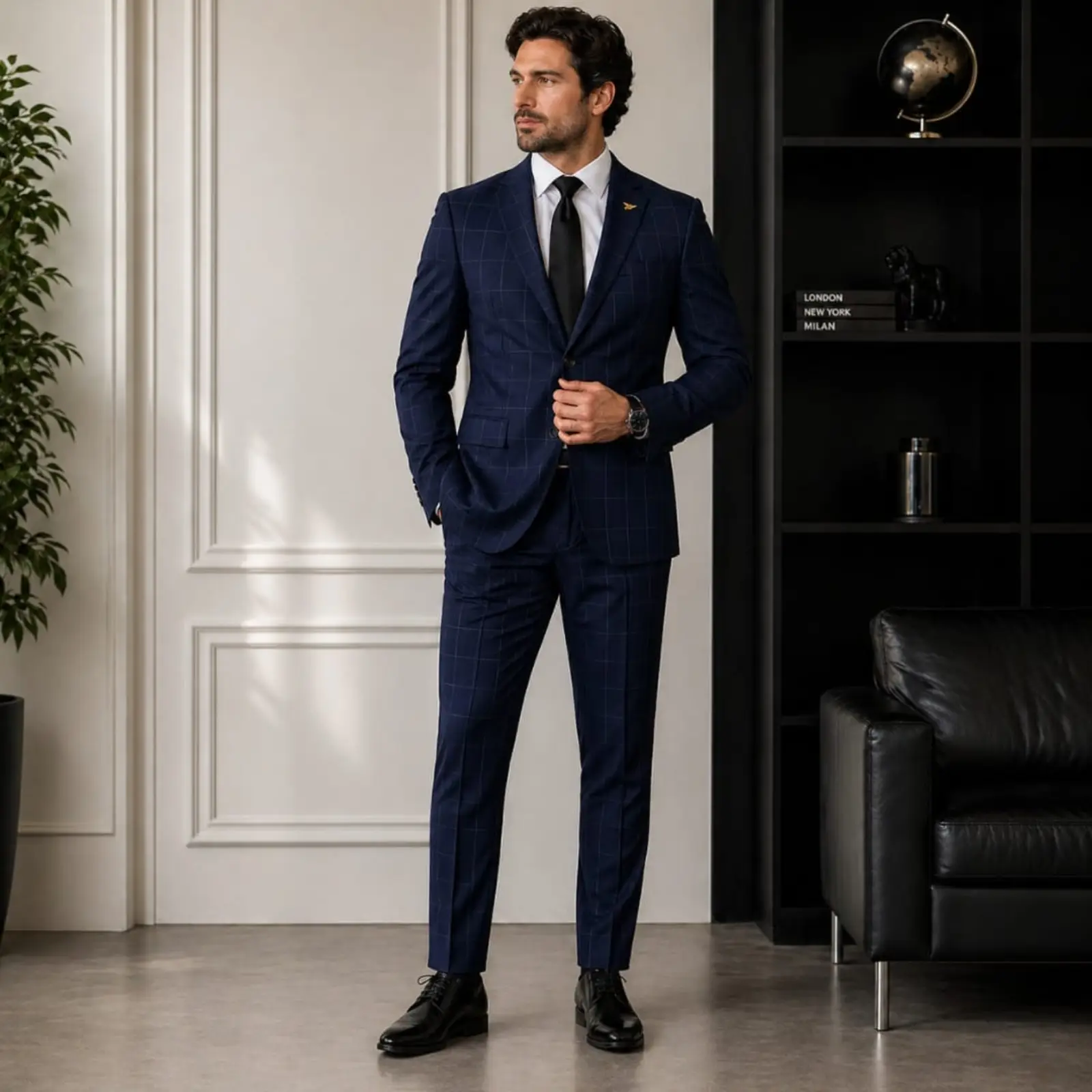 Homem de terno azul-marinho slim em ambiente elegante